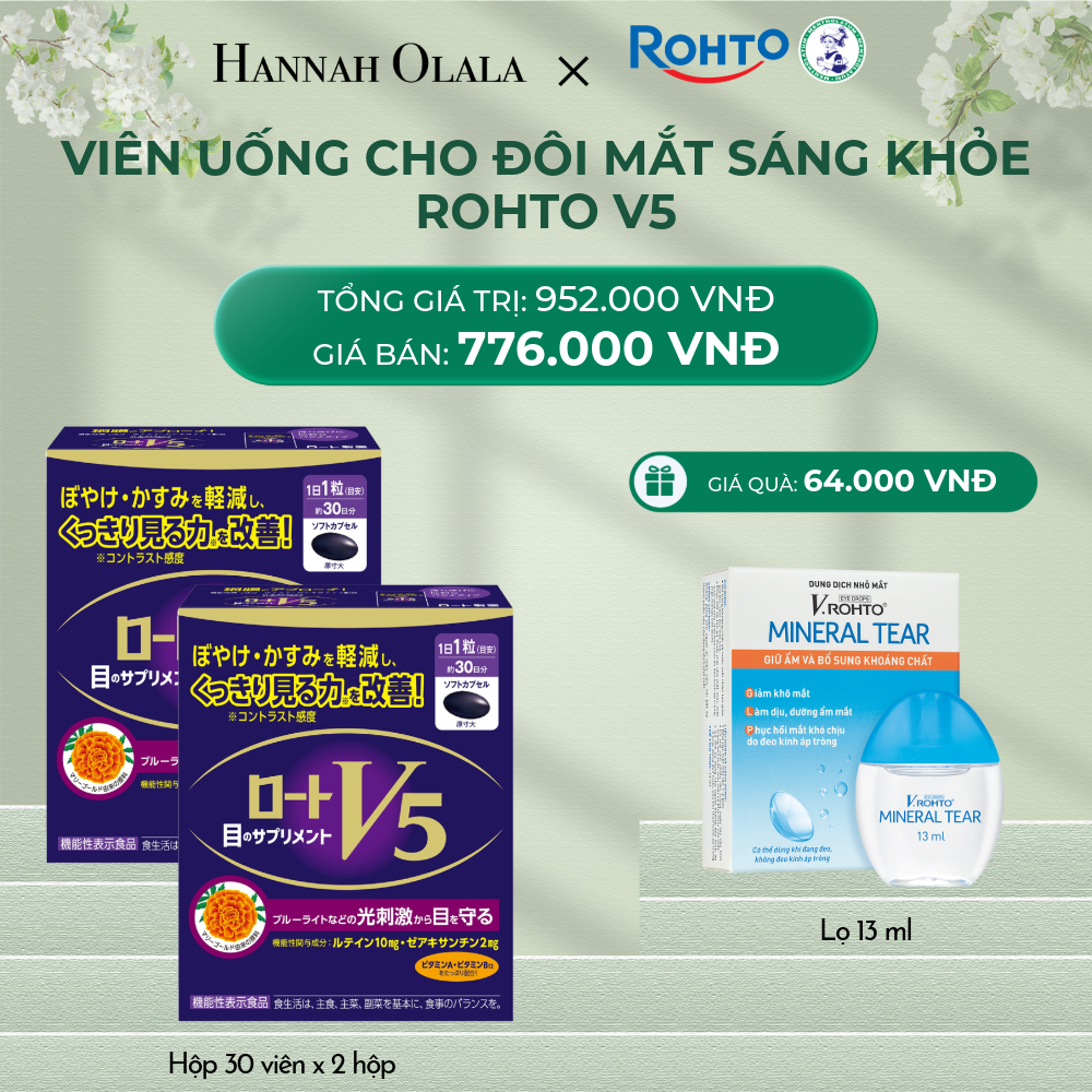  DEAL 9: MUA COMBO 2 HỘP THỰC PHẨM BẢO VỆ SỨC KHỎE ROHTO V5 (VIÊN UỐNG HỖ TRỢ CẢI THIỆN THỊ LỰC ROHTO V5) GIẢM 19% TẶNG 1 DUNG DỊCH NHỎ MẮT V.ROHTO MINERAL TEAR 