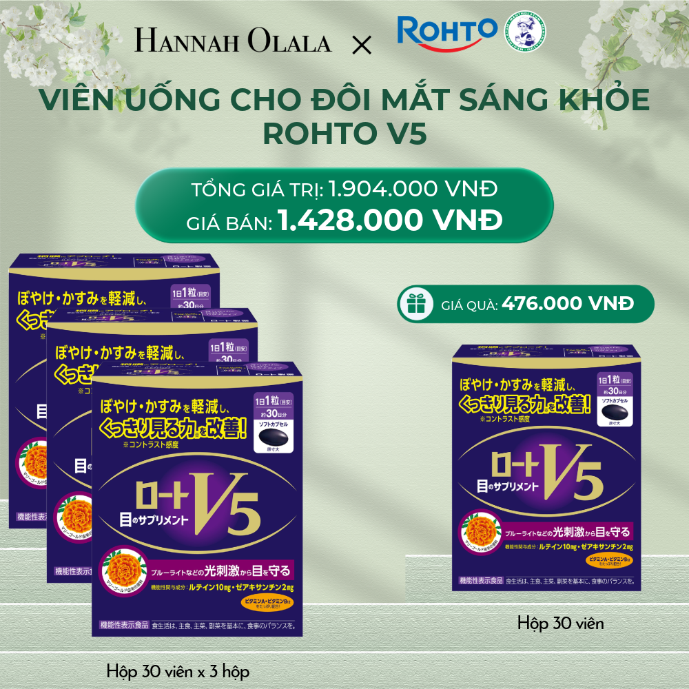  DEAL 10: MUA COMBO 3 HỘP THỰC PHẨM BẢO VỆ SỨC KHỎE ROHTO V5 (VIÊN UỐNG HỖ TRỢ CẢI THIỆN THỊ LỰC ROHTO V5) TẶNG 1 HỘP HỘP THỰC PHẨM BẢO VỆ SỨC KHỎE ROHTO V5 