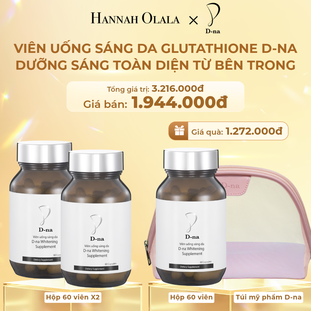  DEAL 12: MUA 2 TẶNG 1 HỘP VIÊN UỐNG TRẮNG DA GLUTATHIONE D-NA (HỘP 60V x 3 HỘP) TẶNG KÈM TÚI TRANG ĐIỂM D-NA 