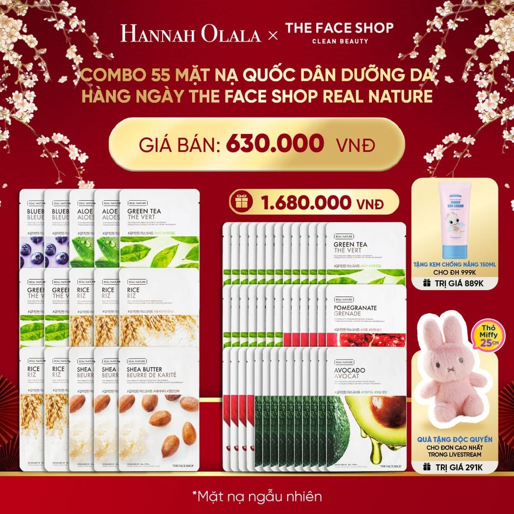  A812_DEAL 2: COMBO 55 MẶT NẠ QUỐC DÂN DƯỠNG DA HÀNG NGÀY THE FACE SHOP REAL NATURE 