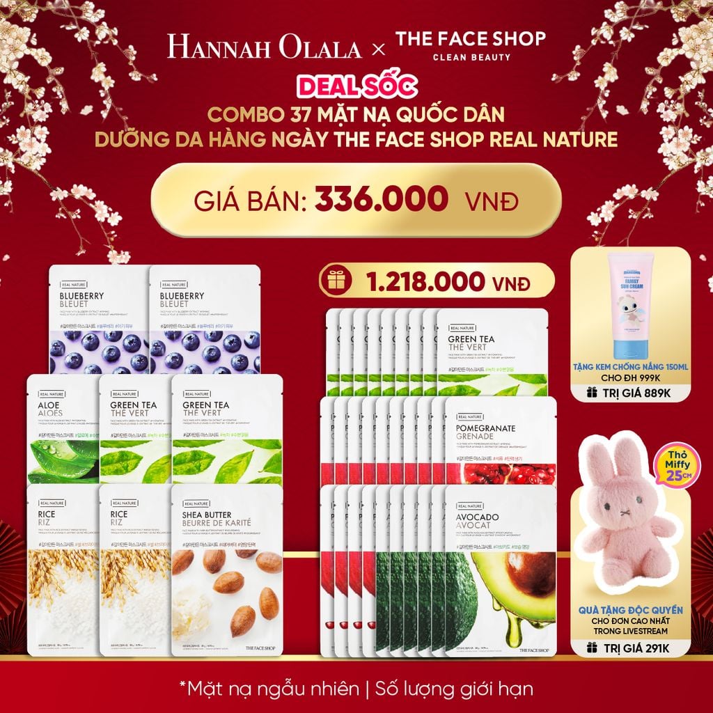  A811_DEAL 13: [DEAL SỐC] COMBO 37 MẶT NẠ QUỐC DÂN DƯỠNG DA HÀNG NGÀY THE FACE SHOP REAL NATURE 