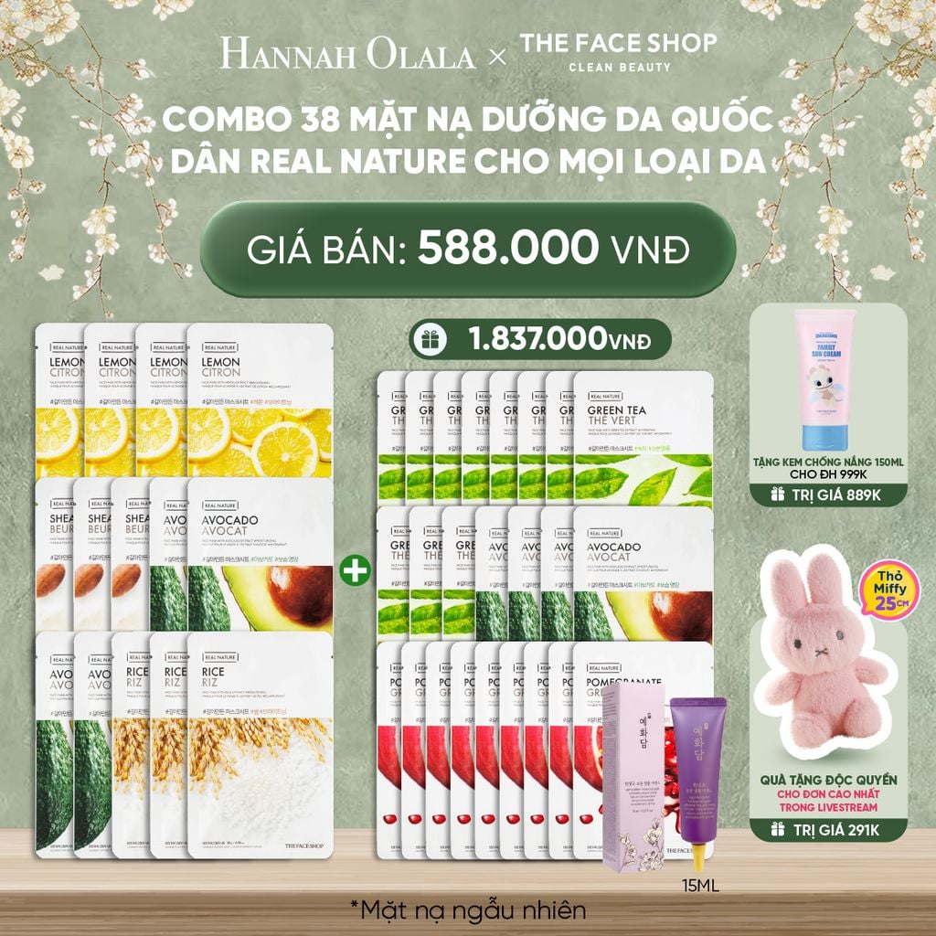  DEAL 1: COMBO 38 MẶT NẠ DƯỠNG DA QUỐC DÂN REAL NATURE CHO MỌI LOẠI DA 