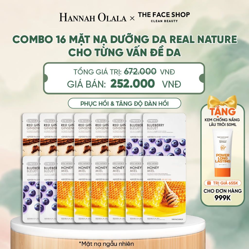  COMBO 16 MẶT NẠ DƯỠNG DA REAL NATURE CHO TỪNG VẤN ĐỀ DA - A2 