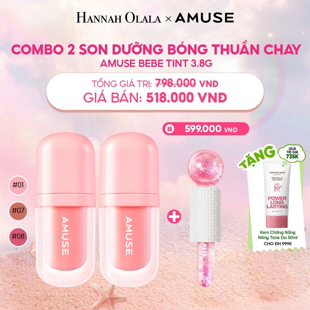  COMBO 2 SON DƯỠNG BÓNG THUẦN CHAY AMUSE BEBE TINT 3.8G 