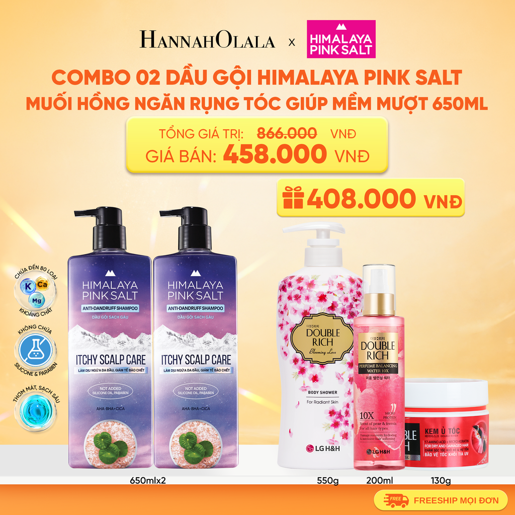  COMBO 02 DẦU GỘI HIMALAYA PINK SALT MUỐI HỒNG CHO DA ĐẦU NGỨA, NGĂN RỤNG TÓC GIÚP MỀM MƯỢT, ÓNG Ả 650ML 