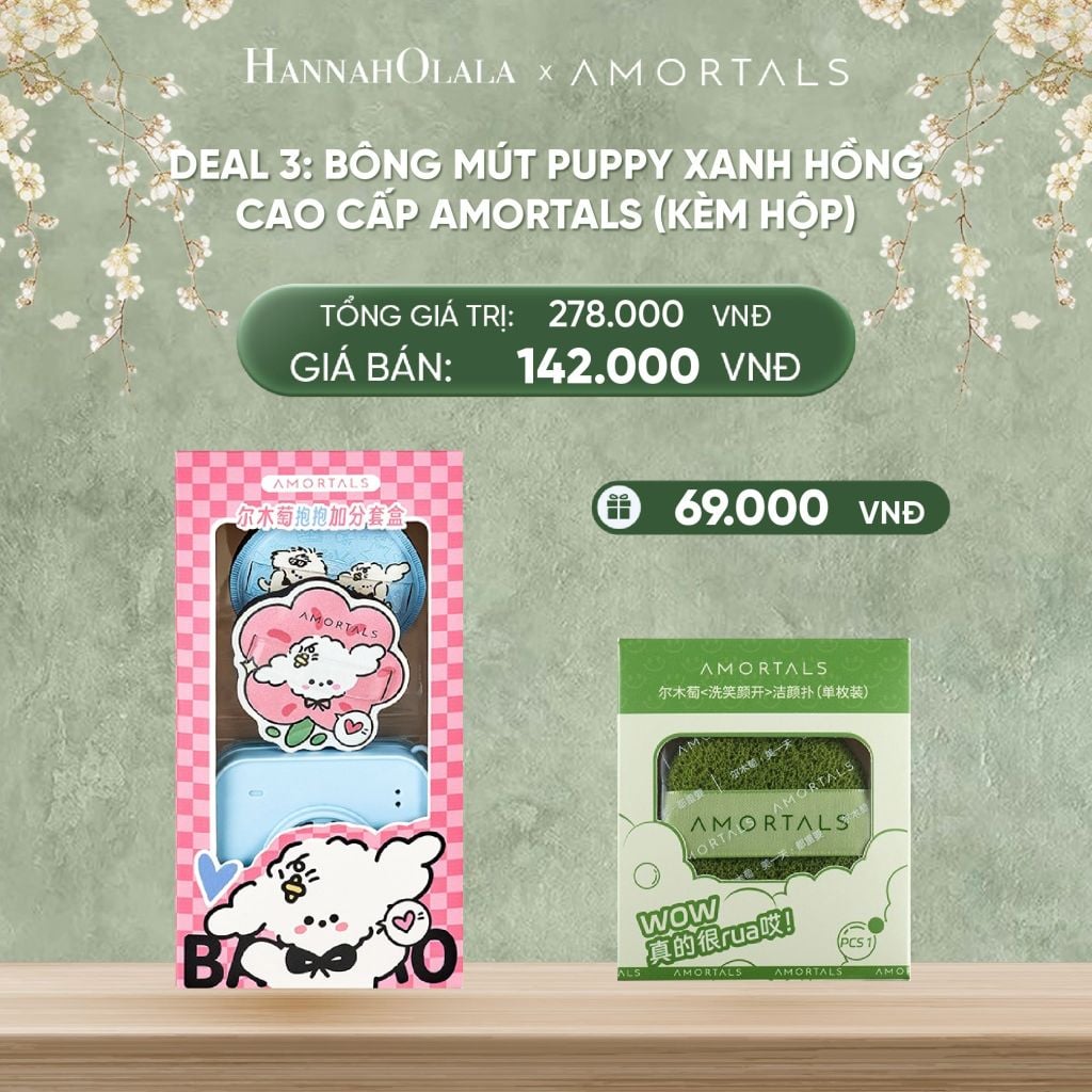  DEAL 3: BÔNG MÚT PUPPY XANH HỒNG CAO CẤP AMORTALS (KÈM HỘP) 