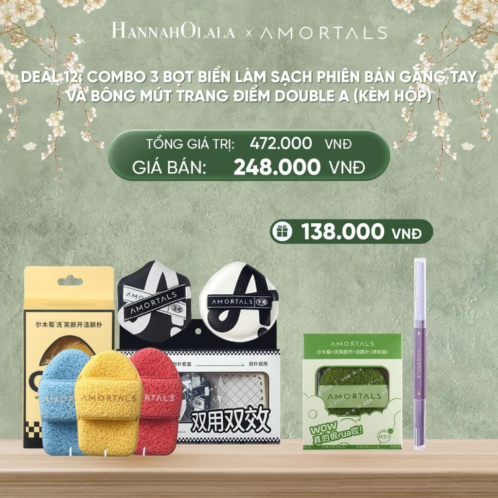  DEAL 12: COMBO 3 BỌT BIỂN LÀM SẠCH PHIÊN BẢN GĂNG TAY VÀ BÔNG MÚT TRANG ĐIỂM DOUBLE A (KÈM HỘP) 
