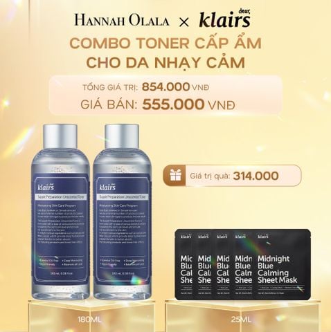  DEAL 4: COMBO 02 PCS DEAR, KLAIRS NƯỚC HOA HỒNG SUPPLE PREPARATION UNSCENTED TONER 180ML 