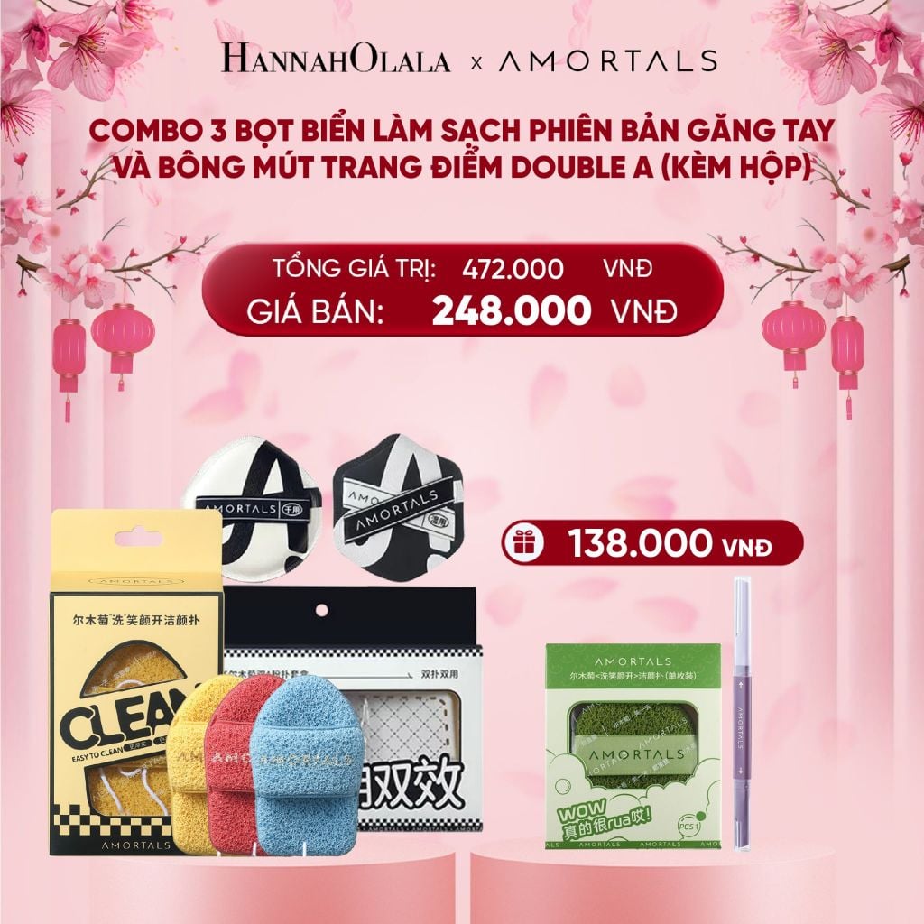  DEAL 10: COMBO 3 BỌT BIỂN LÀM SẠCH PHIÊN BẢN GĂNG TAY VÀ BÔNG MÚT TRANG ĐIỂM DOUBLE A (KÈM HỘP) 
