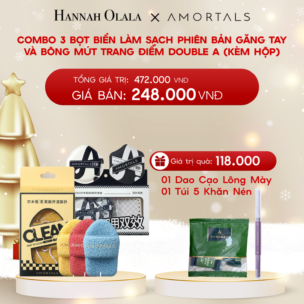  A1332_DEAL 13: COMBO 3 BỌT BIỂN LÀM SẠCH PHIÊN BẢN GĂNG TAY VÀ BÔNG MÚT TRANG ĐIỂM DOUBLE A (KÈM HỘP) 