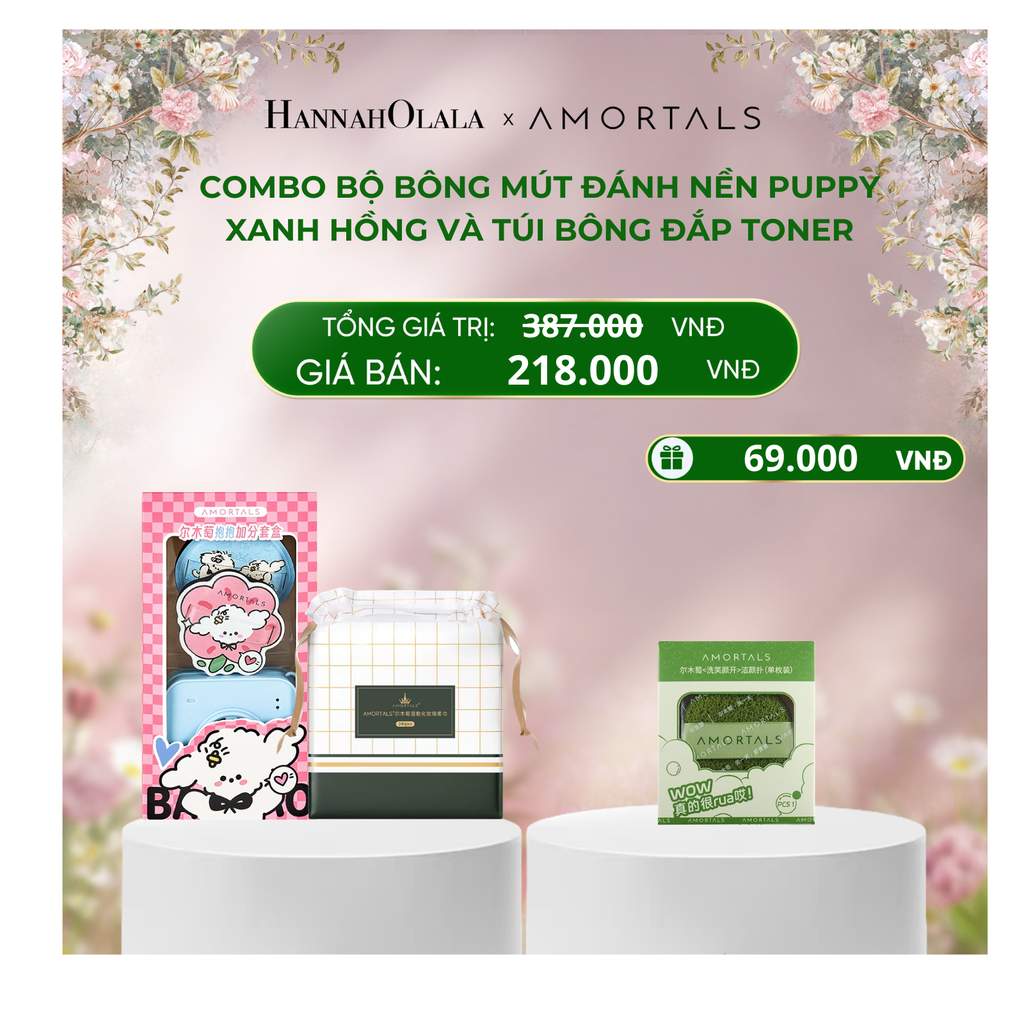  DEAL 2: COMBO BỘ BÔNG MÚT ĐÁNH NỀN PUPPY XANH HỒNG + TÚI BÔNG ĐẮP TONER 