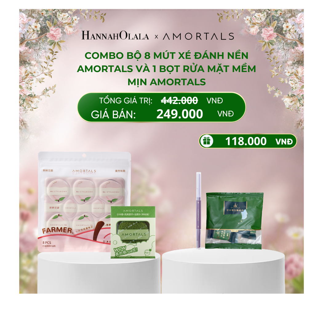  DEAL 7: COMBO BỘ 8 MÚT XÉ ĐÁNH NỀN AMORTALS (ĐÀO) VÀ 1 BỌT RỬA MẶT MỀM MỊN AMORTALS 