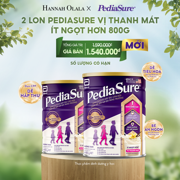  DEAL 16: 2 LON PEDIASURE DẠNG BỘT THANH MÁT, ÍT NGỌT 800G 