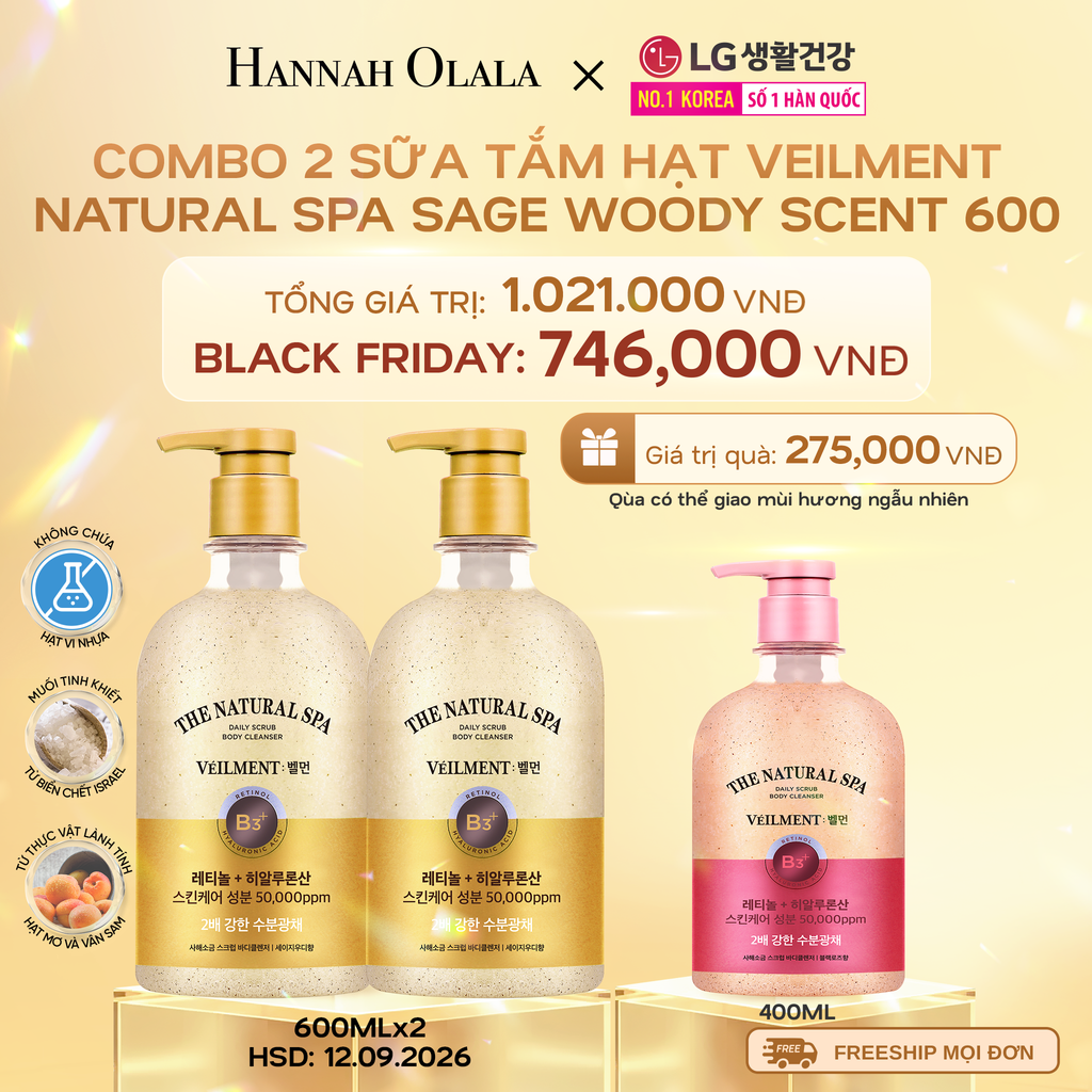  DEAL 02: COMBO 2 SỮA TẮM HẠT VEILMENT NATURAL SPA SAGE WOODY SCENT 600G 