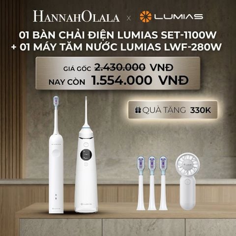  DEAL 23: COMBO CHĂM SÓC RĂNG MIỆNG: 01 BÀN CHẢI ĐIỆN LUMIAS SET-1100W + 01 MÁY TĂM NƯỚC LUMIAS LWF-280W (DUNG TÍCH 280ML) 