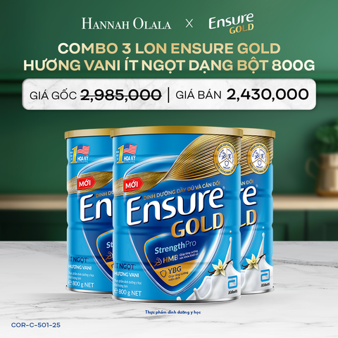  DEAL 8: COMBO 3 LON ENSURE GOLD DẠNG BỘT 800G (VANI ÍT NGỌT) 