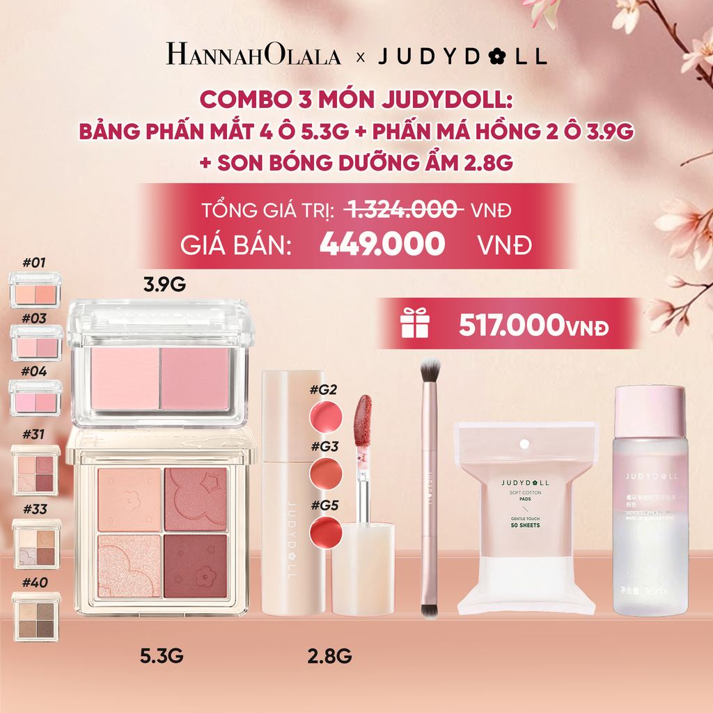  COMBO 3: BẢNG MẮT 4 Ô + MÁ HỒNG 2 MÀU + SON BÓNG DƯỠNG ẨM - A1302 