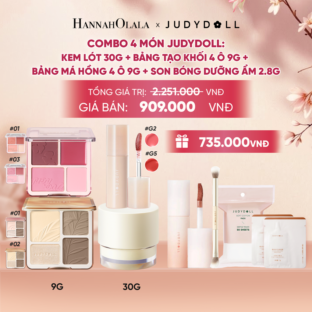  COMBO 4: KEM LÓT 30G + BẢNG TẠO KHỐI 9G + BẢNG MÁ HỒNG 4 Ô 9G + SON BÓNG DƯỠNG ẨM - A1316 