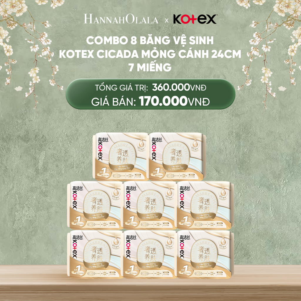  DEAL 1: COMBO 8 BĂNG VỆ SINH KOTEX CICADA MỎNG CÁNH 24CM 7 MIẾNG 
