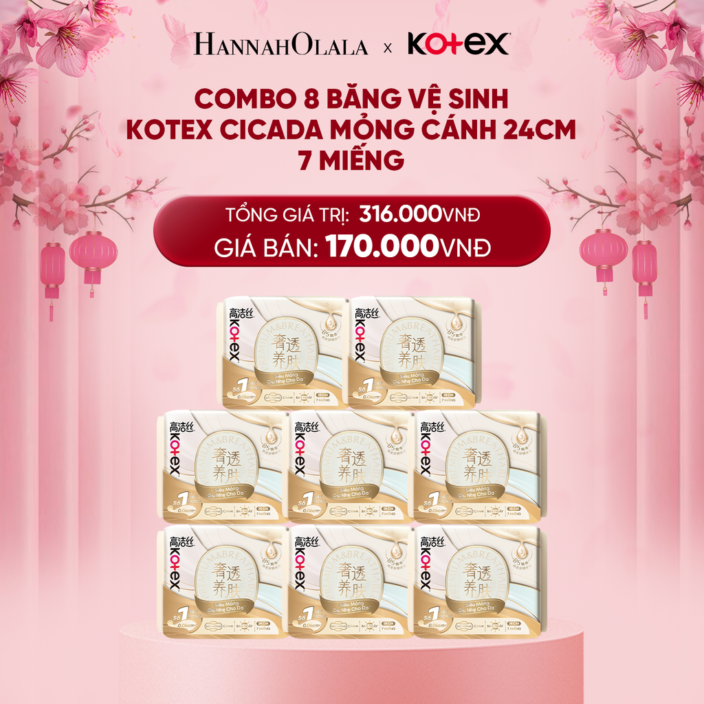  DEAL 1: COMBO 8 BĂNG VỆ SINH KOTEX CICADA MỎNG CÁNH 24CM 7 MIẾNG 