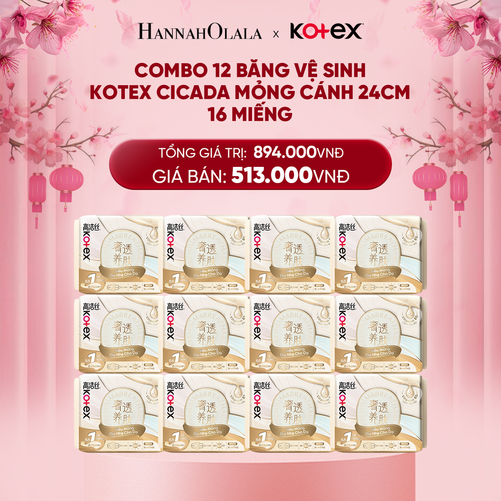  DEAL 2: COMBO 12 BĂNG VỆ SINH KOTEX CICADA MỎNG CÁNH 24CM 16 MIẾNG 