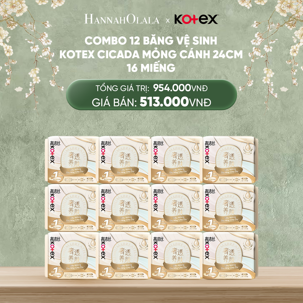  DEAL 2: COMBO 12 BĂNG VỆ SINH KOTEX CICADA MỎNG CÁNH 24CM 16 MIẾNG 