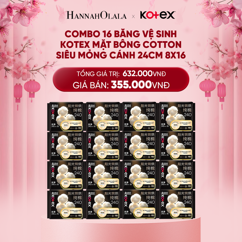  DEAL 5: COMBO 16 BĂNG VỆ SINH KOTEX MẶT BÔNG COTTON SIÊU MỎNG CÁNH 24CM 8X16 