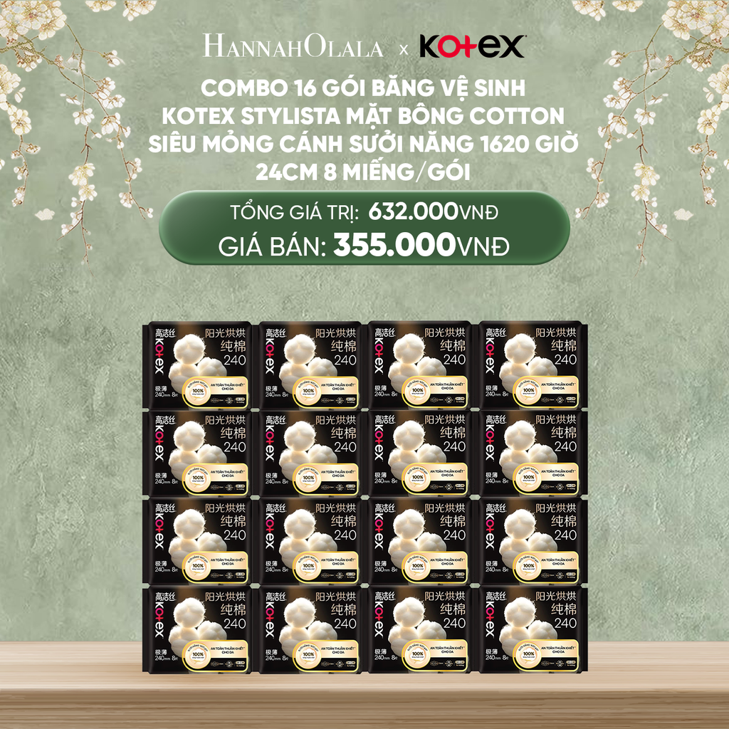  DEAL 5: COMBO 16 GÓI BĂNG VỆ SINH KOTEX STYLISTA MẶT BÔNG COTTON SIÊU MỎNG CÁNH SƯỞI NẮNG 1620 GIỜ 24CM 8 MIẾNG/GÓI 