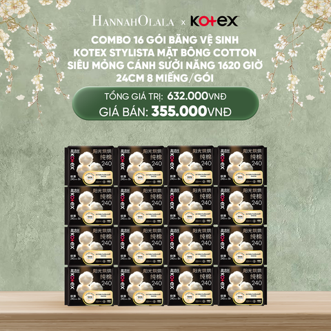  DEAL 5: COMBO 16 GÓI BĂNG VỆ SINH KOTEX STYLISTA MẶT BÔNG COTTON SIÊU MỎNG CÁNH SƯỞI NẮNG 1620 GIỜ 24CM 8 MIẾNG/GÓI 