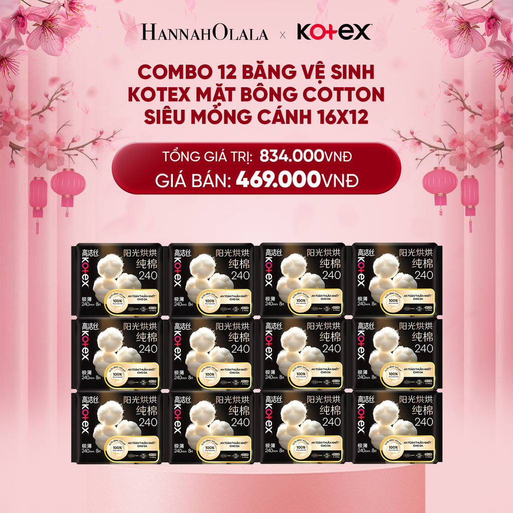  DEAL 6: COMBO 12 BĂNG VỆ SINH KOTEX MẶT BÔNG COTTON SIÊU MỎNG CÁNH 16X12 
