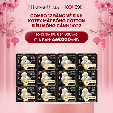  DEAL 6: COMBO 12 BĂNG VỆ SINH KOTEX MẶT BÔNG COTTON SIÊU MỎNG CÁNH 16X12 