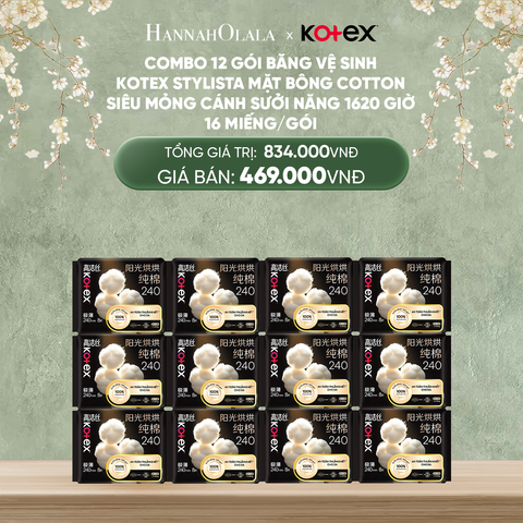  DESAL 6: COMBO 12 GÓI BĂNG VỆ SINH KOTEX STYLISTA MẶT BÔNG COTTON SIÊU MỎNG CÁNH SƯỞI NẮNG 1620 GIỜ 16 MIẾNG/GÓI 