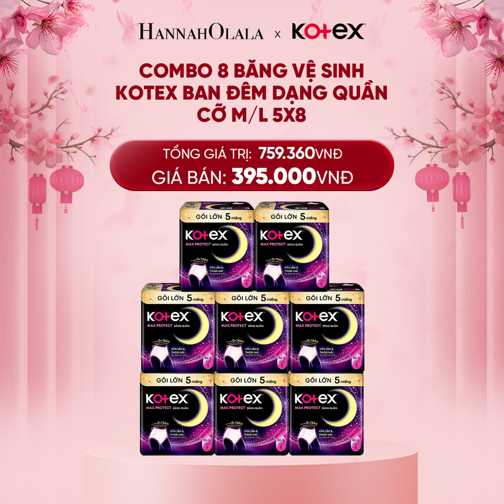  DEAL 7: COMBO 8 BĂNG VỆ SINH KOTEX BAN ĐÊM DẠNG QUẦN CỠ M/L 5X8 