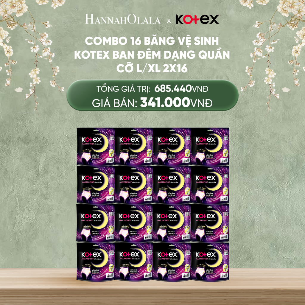  DEAL 8: COMBO 16 BĂNG VỆ SINH KOTEX BAN ĐÊM DẠNG QUẦN CỠ L/XL 2X16 