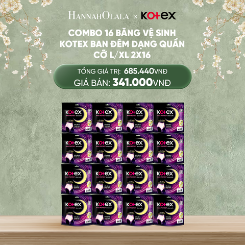  DEAL 8: COMBO 16 BĂNG VỆ SINH KOTEX BAN ĐÊM DẠNG QUẦN CỠ L/XL 2X16 