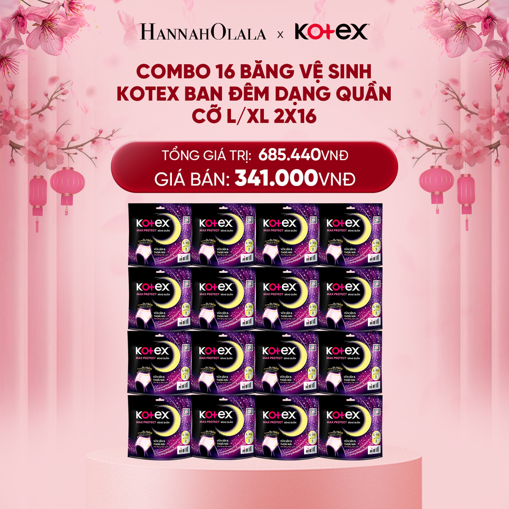  DEAL 8: COMBO 16 BĂNG VỆ SINH KOTEX BAN ĐÊM DẠNG QUẦN CỠ L/XL 2X16 