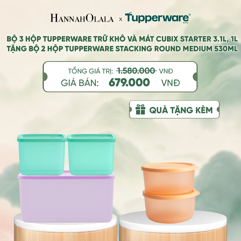  BỘ 3 HỘP ĐỰNG THỰC PHẨM TUPPERWARE TRỮ KHÔ VÀ MÁT CUBIX STARTER 3.1L, 1L (TẶNG BỘ 2 HỘP ĐỰNG THỰC PHẨM TUPPERWARE TRỮ KHÔ VÀ MÁT STACKING ROUND MEDIUM 530ML) - DEAL 22 - A2041 