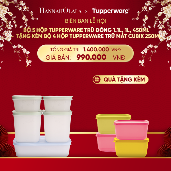  DEAL 1: BỘ 5 HỘP TUPPERWARE TRỮ ĐÔNG 1.1L, 1L, 450ML - TẶNG KÈM BỘ 4 HỘP TUPPERWARE TRỮ MÁT CUBIX 250ML 