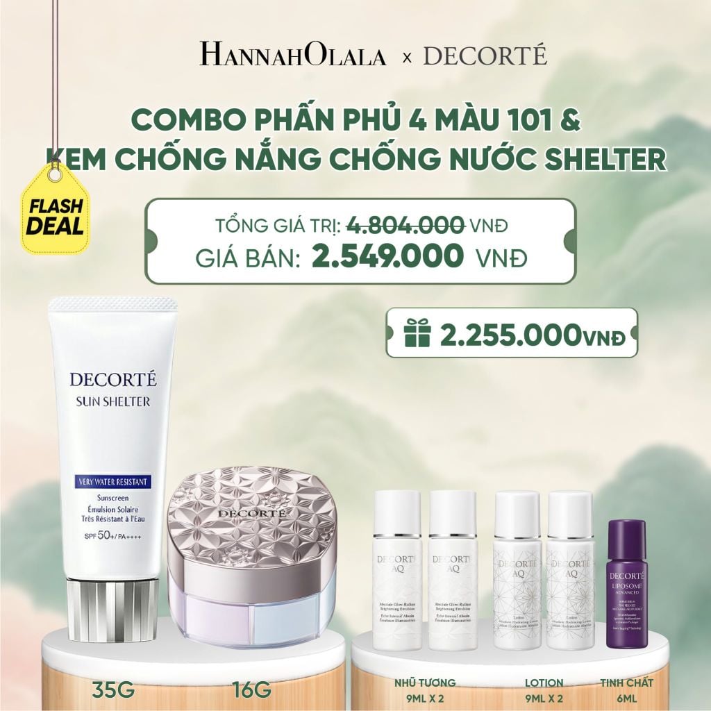  [FLASH DEAL] COMBO PHẤN PHỦ 4 MÀU 101 & KEM CHỐNG NẮNG DECORTÉ SHELTER - A470 