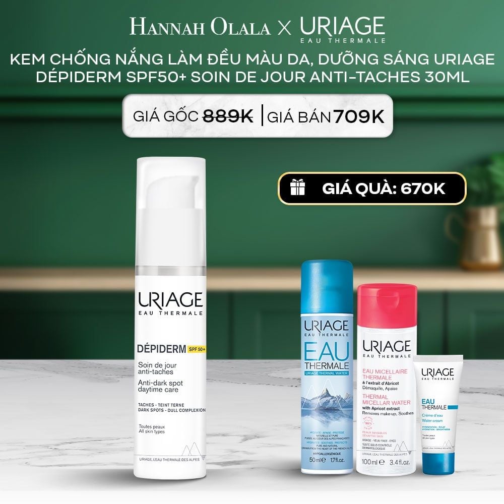  A120_DEAL 8: KEM CHỐNG NẮNG, LÀM ĐỀU MÀU DA, DƯỠNG SÁNG URIAGE DÉPIDERM SPF50+ SOIN DE JOUR ANTI-TACHES 30ml 
