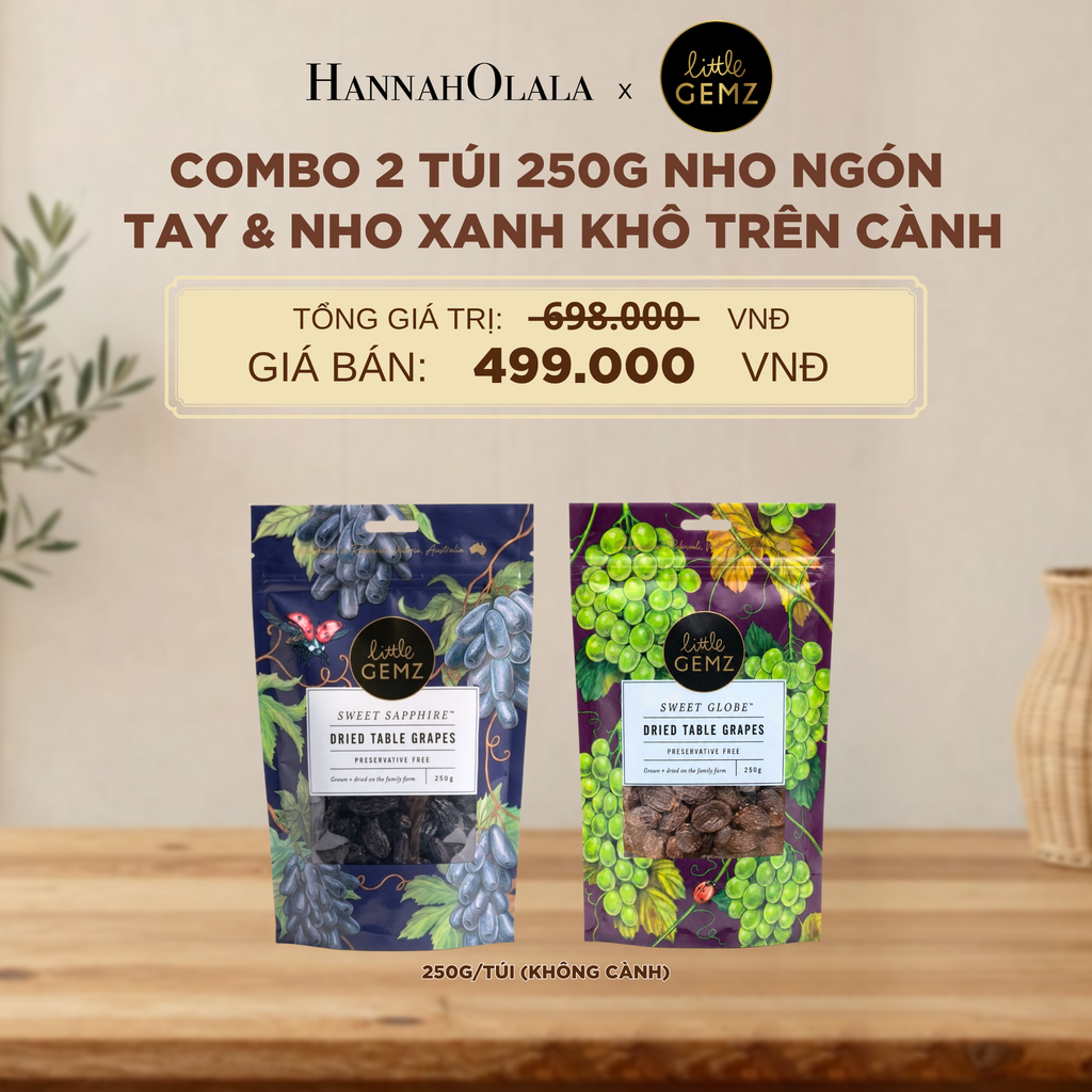  COMBO HỘP QUÀ 02 TÚI NHO NGÓN TAY & NHO XANH KHÔ TRÊN CÀNH LITTLE GEMZ SWEET SAPPHIRE & SWEET GLOBE DRIED TABLE GRAPES CLUSTERS 250G/TÚI - DEAL 6 - D221 