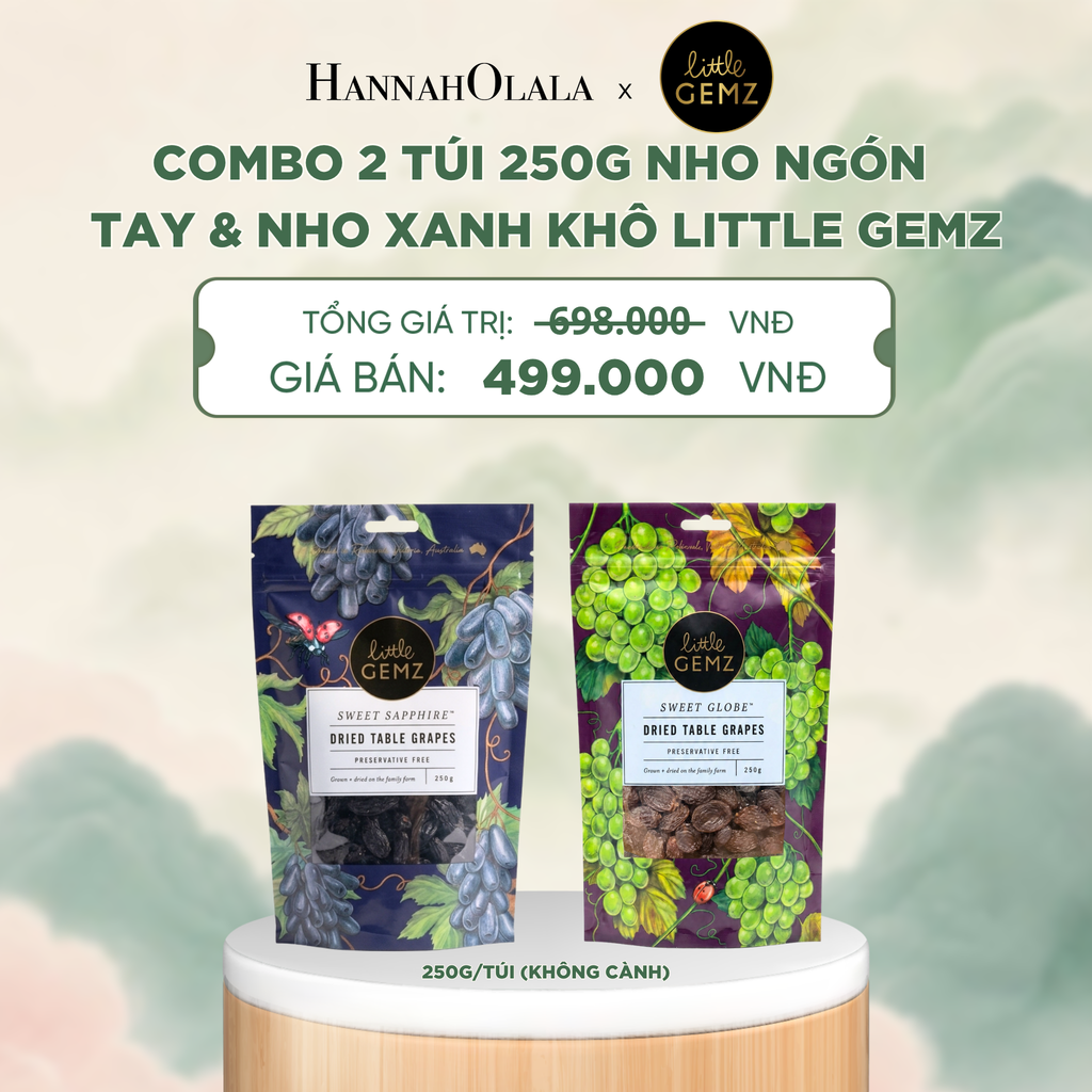  COMBO HỘP QUÀ 02 TÚI NHO NGÓN TAY & NHO XANH KHÔ TRÊN CÀNH LITTLE GEMZ SWEET SAPPHIRE & SWEET GLOBE DRIED TABLE GRAPES CLUSTERS 250G/TÚI - DEAL 6 - A2055 