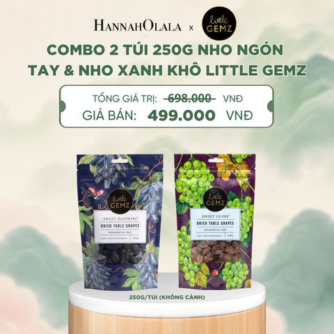  COMBO HỘP QUÀ 02 TÚI NHO NGÓN TAY & NHO XANH KHÔ TRÊN CÀNH LITTLE GEMZ SWEET SAPPHIRE & SWEET GLOBE DRIED TABLE GRAPES CLUSTERS 250G/TÚI - DEAL 6 - A2055 