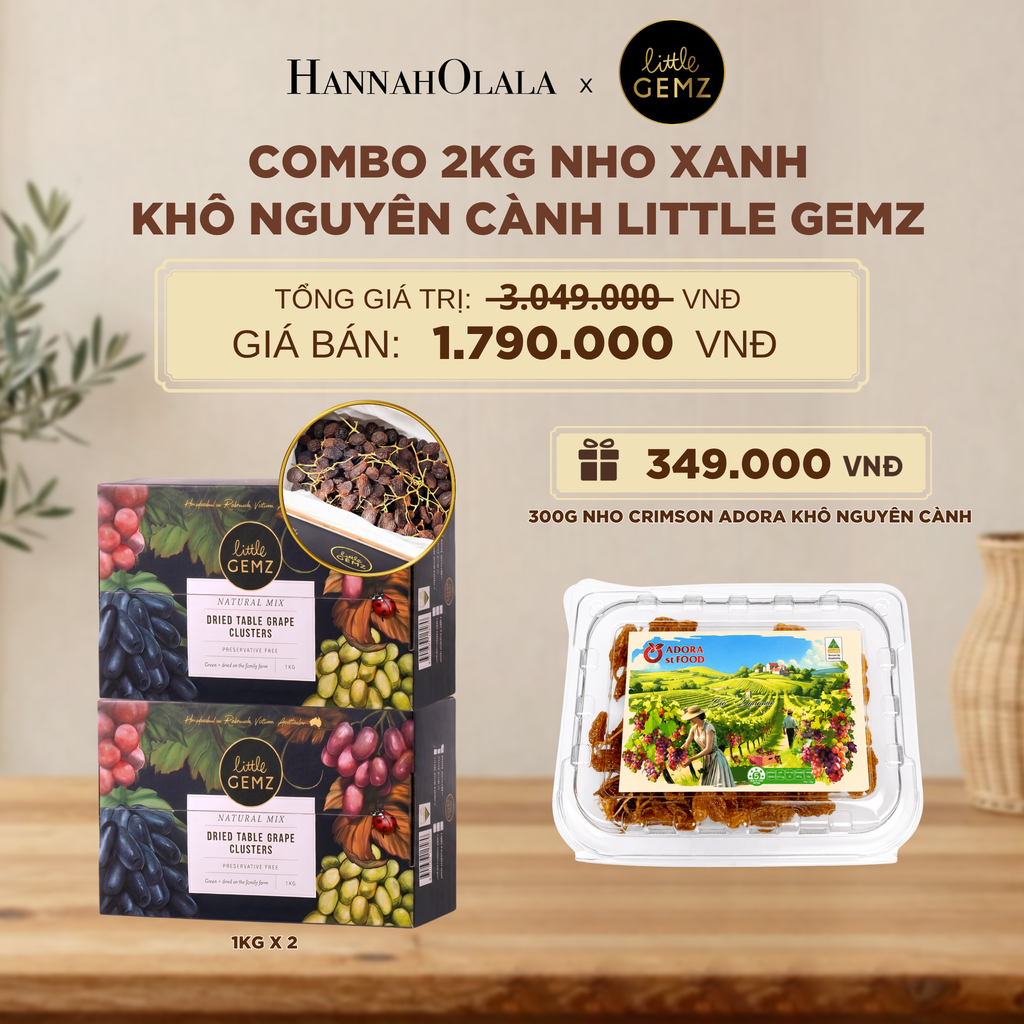  COMBO 02 HỘP NHO XANH KHÔ NGUYÊN CÀNH LITTLE GEMZ SWEET GLOBE TABLE GRAPE CLUSTERS HỘP 1KG - DEAL 8 - D223 