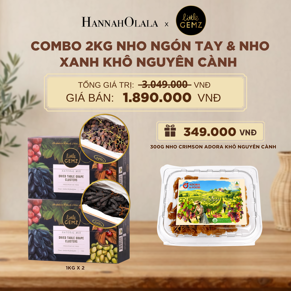 COMBO 02 HỘP NHO NGÓN TAY & NHO XANH KHÔ NGUYÊN CÀNH LITTLE GEMZ SWEET SAPPHIRE & SWEET GLOBE DRIED TABLE GRAPES CLUSTERS 1KG/HỘP - DEAL 9 - D224 