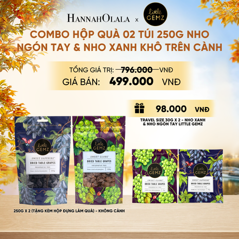  COMBO HỘP QUÀ 02 TÚI NHO NGÓN TAY & NHO XANH KHÔ TRÊN CÀNH LITTLE GEMZ SWEET SAPPHIRE & SWEET GLOBE DRIED TABLE GRAPES CLUSTERS 250G/TÚI - DEAL 6 - E1153 