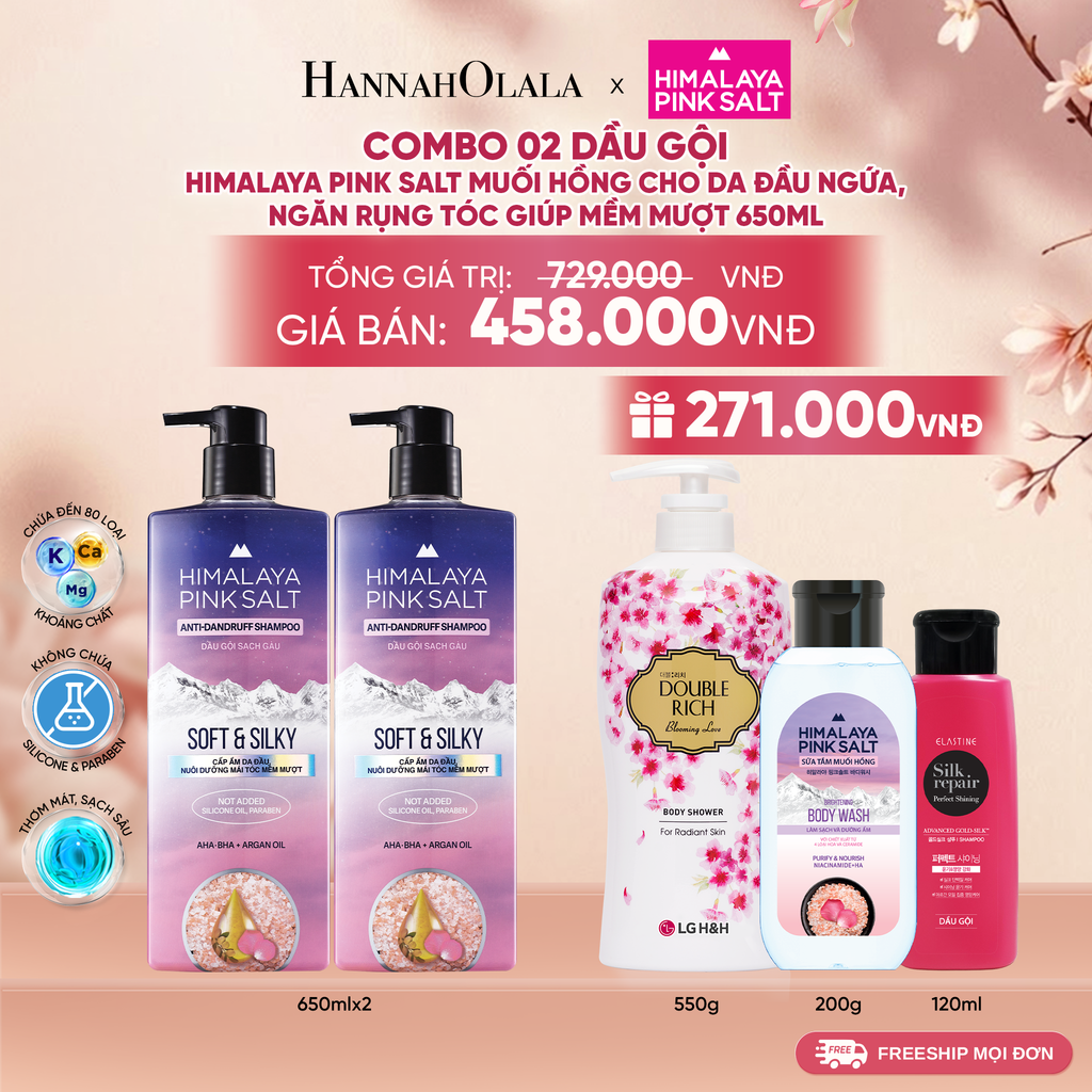  COMBO 02 DẦU GỘI HIMALAYA PINK SALT MUỐI HỒNG CHO DA ĐẦU NGỨA, NGĂN RỤNG TÓC GIÚP MỀM MƯỢT, ÓNG Ả 650ML 