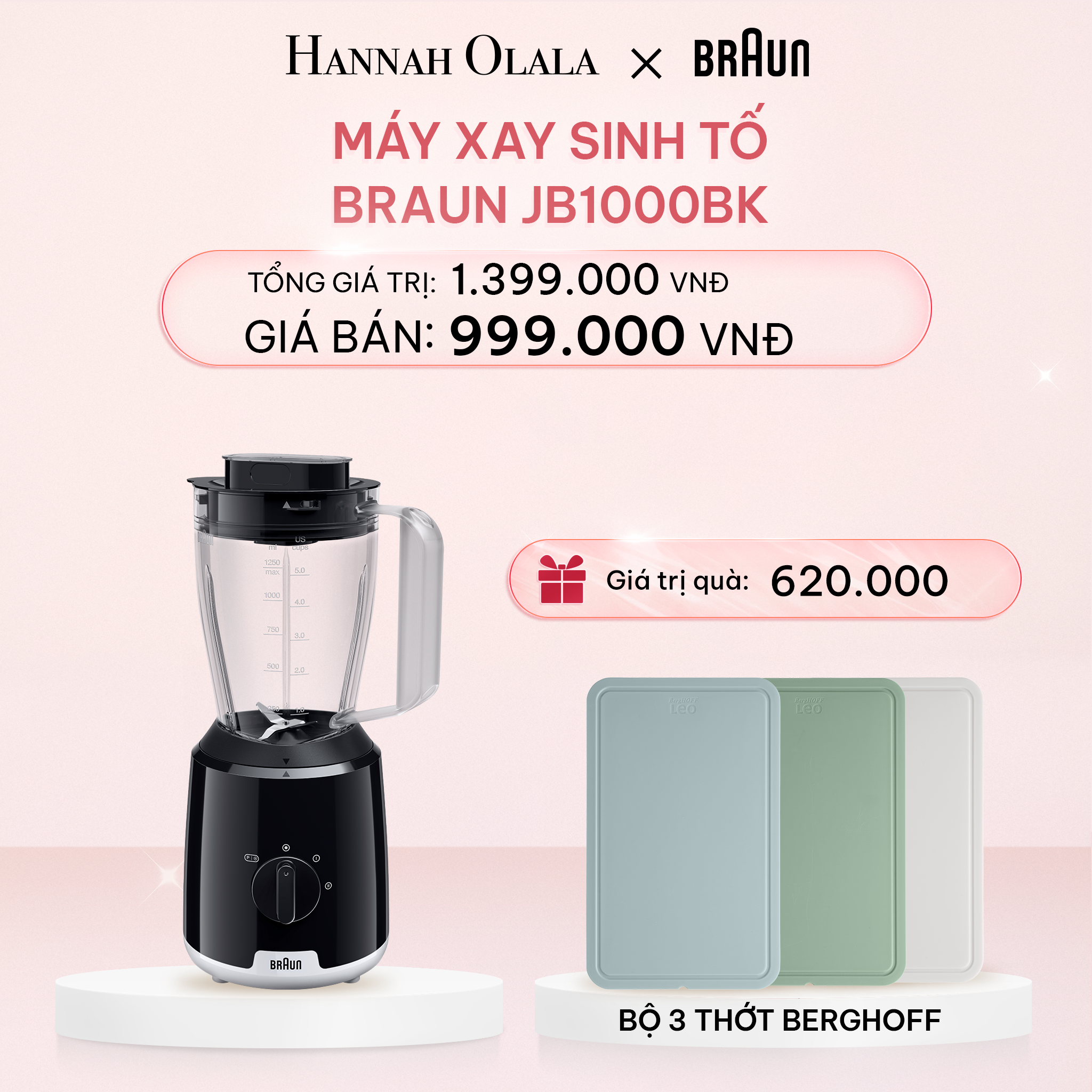  E98_DEAL 8: MÁY XAY SINH TỐ BRAUN JB1000BK - TẶNG KÈM BỘ 3 THỚT BERGHOFF 