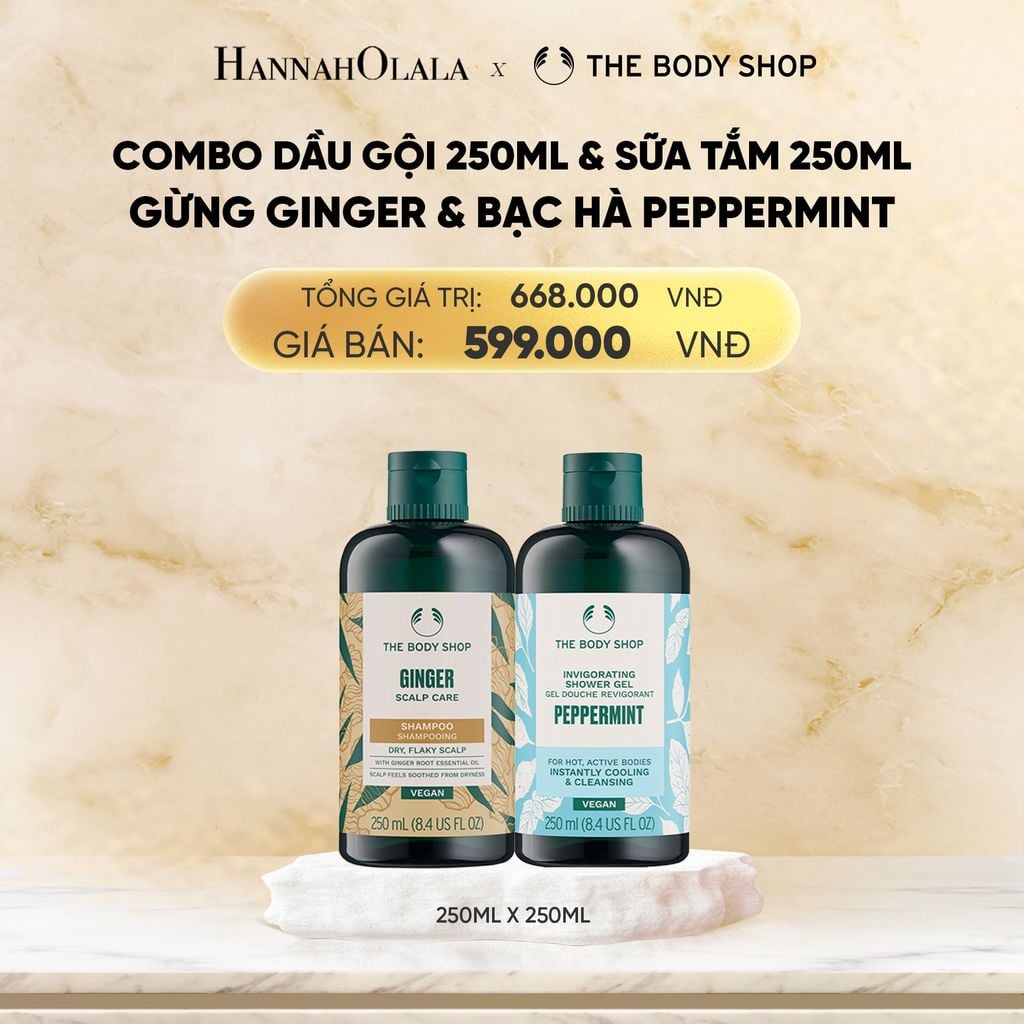  COMBO CHĂM TÓC KHOẺ DƯỠNG DA SẠCH MÁT 250ML - DẦU GỘI GINGER & SỮA TẮM PEPPERMINT THE BODY SHOP 