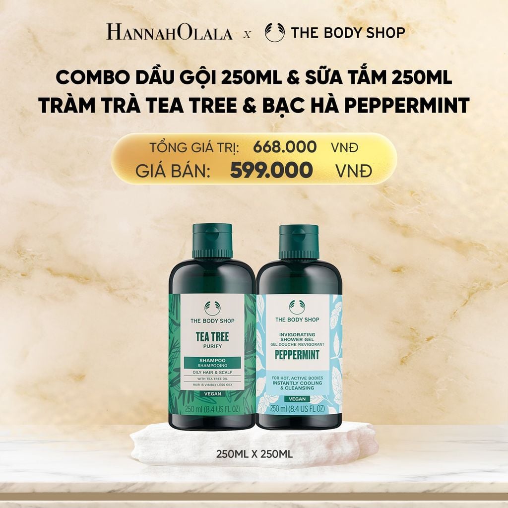  COMBO CHĂM TÓC KHOẺ DƯỠNG DA SẠCH MÁT 250ML - DẦU GỘI TEA TREE & SỮA TẮM PEPPERMINT THE BODY SHOP 